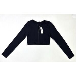 Garage Top Women's Medium New Cropped Zip Up Jet Black Long Sleeve Shirt Blazing